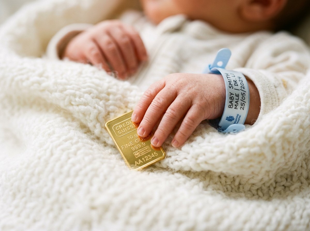 Newborn baby hand holding a gold bar representing child early wealth creation in Canada