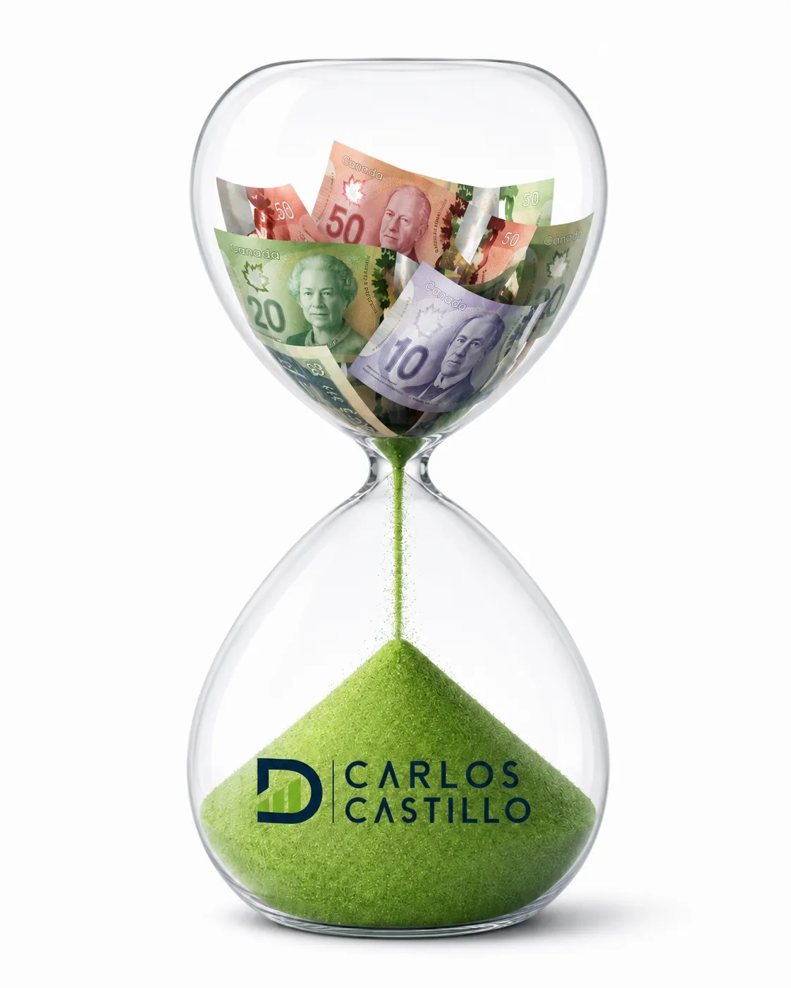 Reloj de arena con billetes canadienses convirtiéndose en crecimiento financiero - Carlos D. Castillo